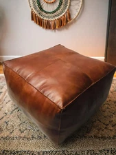 Pouf Boho 30'' Brown Footrest Real Moroccan Ottoman Leather Pouffe Unstuffed