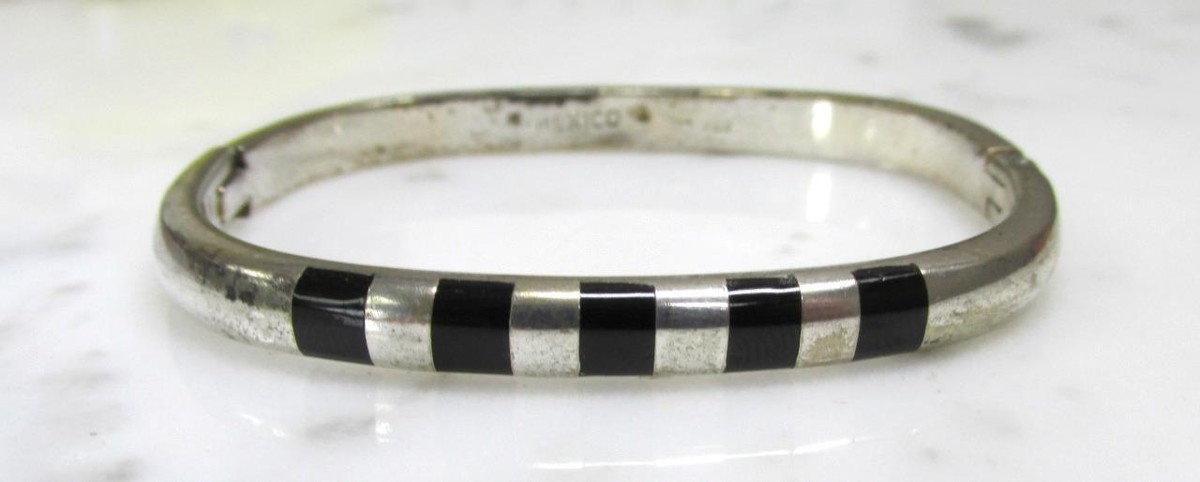 アクセサリー 80s Mexico black onyx bangle silver 925 925 Sterling Silver Vintage Mexico Black Onyx Gem Hinged