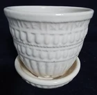 Vintage McCoy Pottery Planter & Saucer. Bead & Band Pattern. White. 4"