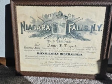1895 Niagara Falls NY Fire Dept Discharge Certificate Original Frame Antique...