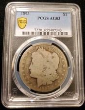 1893 P Morgan Silver Dollar PCGS AG3  Gold Shield.  No Problem Original Key Date