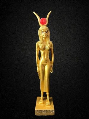 Golden Hathor Egyptian Goddess Statue with Sun Disk and Cow Horns