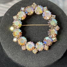 Vintage Prong Set AB Rhinestone Wreath Brooch Copper Tone Stunning 