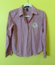 Polo Ralph Lauren Gingham Women Sz Medium Striped Pink White Cotton Button Logo
