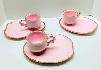 3 Sets Pink & Gold Ceramic Snack Sets MCM Hand Painted Unique Retro Mod Vintage
