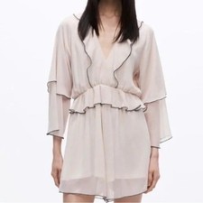 ZARA TAUPE BELL SLEEVE CHIFFON SHORTS ROMPER BLACK PIPING V-NECK SZ SMALL NWT
