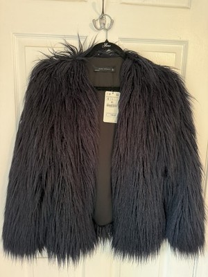 ZARA Women Collection Shaggy Faux Fur Navy Jacket Size S NWT