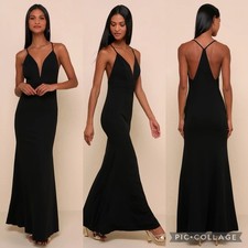 NWT Lulu's Elegant Black Maxi Dress M Plunge V Neckline Formal Prom Melora
