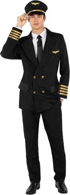 Men`s Black Airplane Pilot Costume Adult Airline Captain Uniform Suit  M - 3XL
