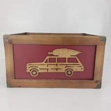 Car with Pine Tree Christmas Wood Storage Container Box 12x10x6.5" Dark Red