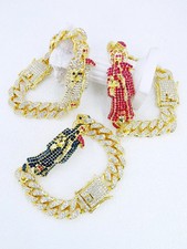 Full Diamonds Punk Hip Hop Chunky Chain Santa Muerte Bracelet Cuban Bracelet...