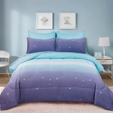 Dinjoy Girls Full Comforter Set: Colorful Ombre Blue Purple Rainbow Bedding