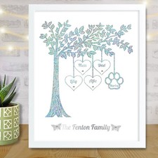 Personalised Hanging Family Tree Frame Silver Glitter Paw Print Mothers Day