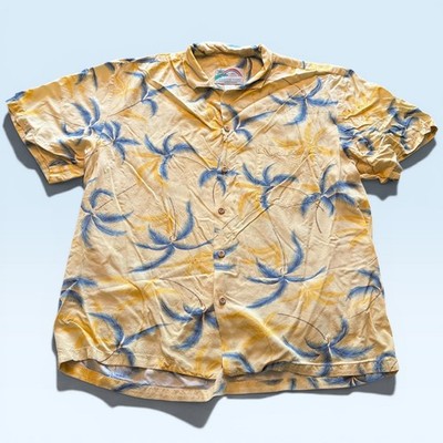 Paradise Found Shirt Mens XL Yellow Hawaiian Palm Short Sleeve Button Front