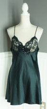 Vintage Lucie Ann II Black Satin Nightgown Nighty M 17" Pit to Pit Made in USA