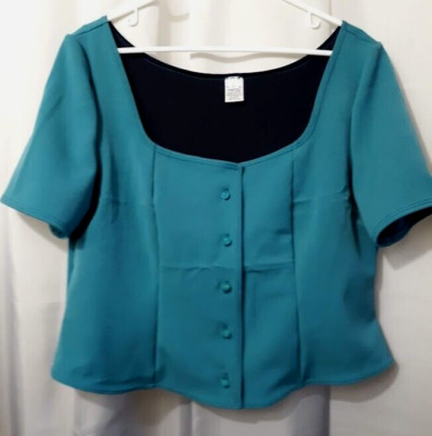 New Dressy Button up Vest Blouse XL Teal Stretch knit U neck  short sleeve Soft