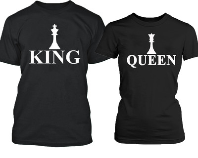 Hand Made King Queen Chess Couple Tshirt White Cartoon Funny