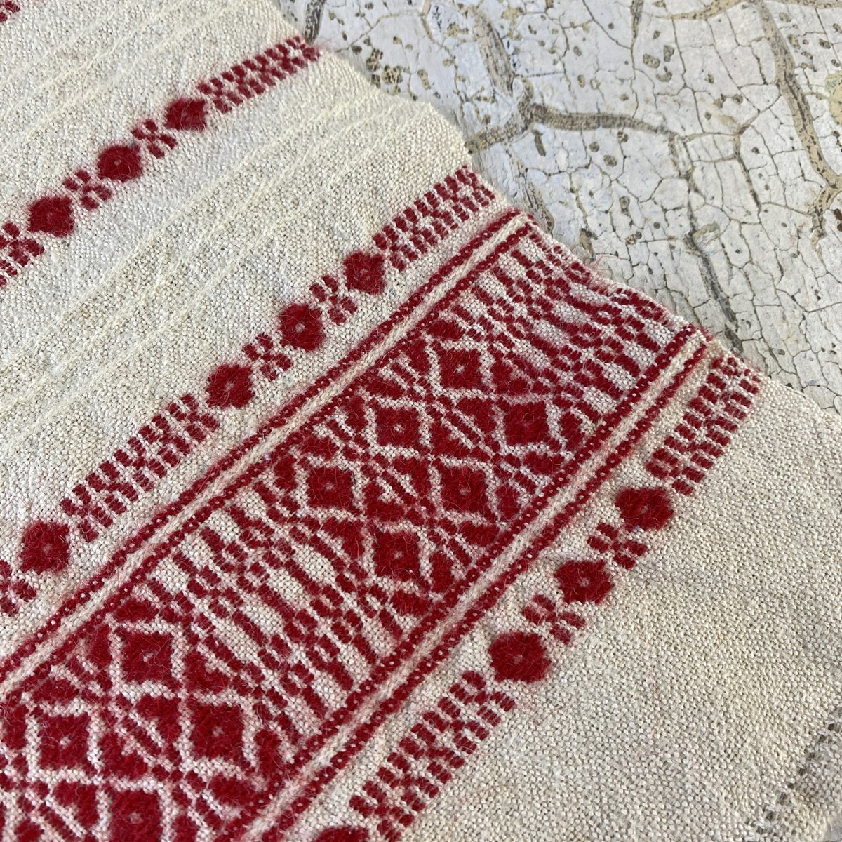 RARE Antique overshot linsey Woolsey SAMPLE European hand woven