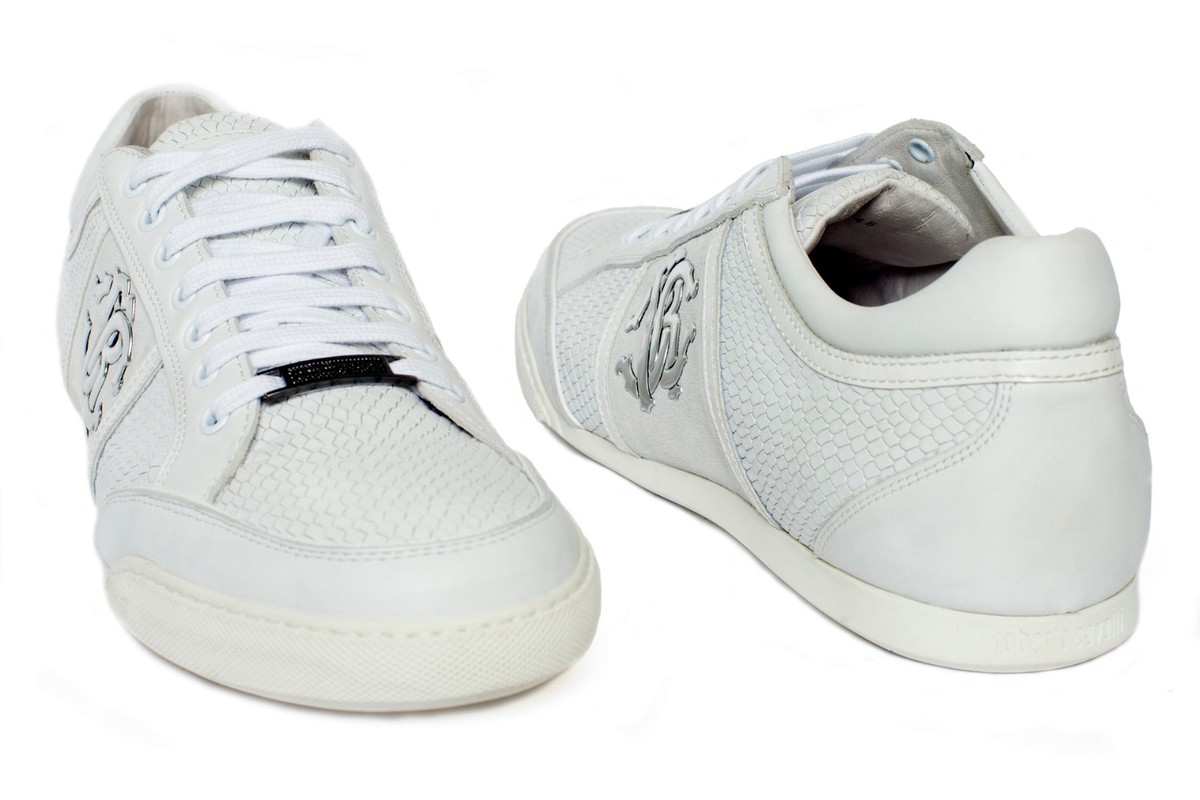 Roberto Cavalli 02894 Italian mens white low top lace up sneakers