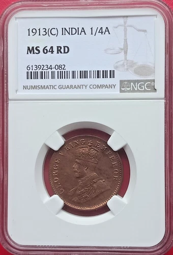 BRITISH INDIA 1913 C GEORGE V ONE QUARTER ANNA NGC GRADED MS 64 RARE COPPER COIN