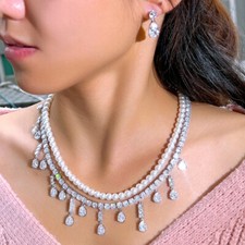 Silver Plated Water Drop Dangle Pearl Necklace Earrings CZ Wedding Jewelry Set