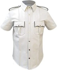 Men's Real Leather Police Shirt Gay Biker Schwarz Cuir Lederhemd White Punk Kink