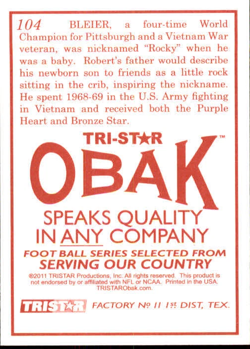 2011 TRISTAR Obak #104 Rocky Bleier - NM-MT - Image 2 of 2