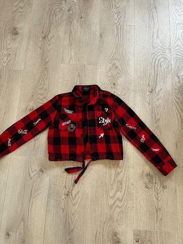 Noizz Graffiti Red Button Down Plaid Shirt Front Tie Sz. 7 - Picture 2 of 5