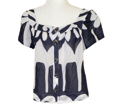 J.Crew Point Sur Ratti Wave Navy Blue White Button Front Poplin Sz XS Top