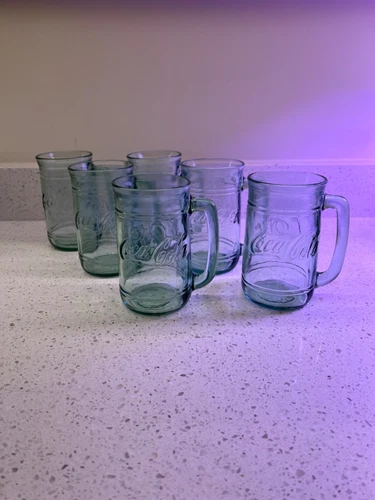Set Lot of 6 - Vintage Coca Cola Green Indiana Glass Mugs Tankards Stein Coke