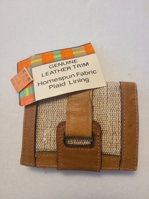 Vintage 70s Kmart Deadstock Homespun Fabric Trifold Wallet Leather Trim 
