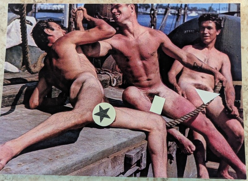 One new handcraft blank 5 x 7 mancard+env-Group of Playful Guys on the Dock!