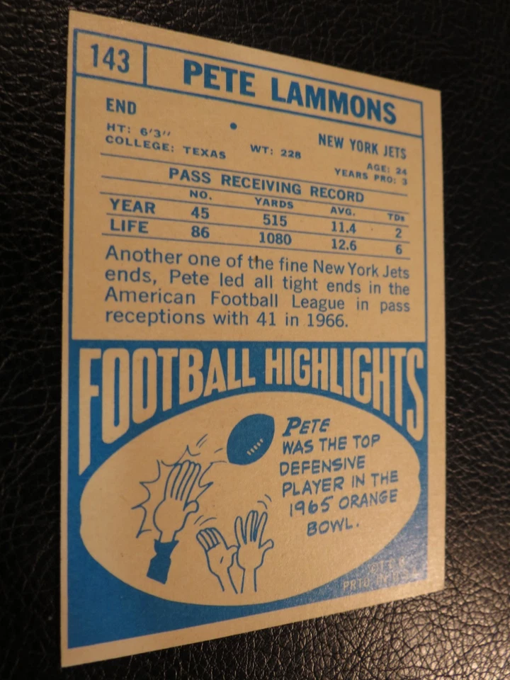 1968 TOPPS FOOTBALL SET #143 Pete Lammons, New York Jets, EX/EXMT - Image 3 of 3