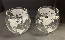 Set of 2 Vintage Etched World Map Globe Whiskey Glasses-Barware Stemless