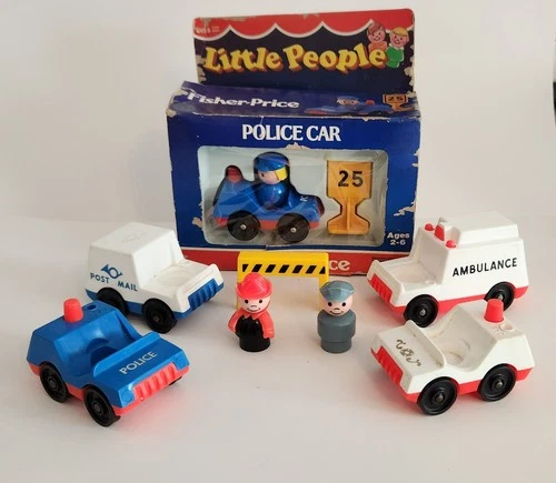 Vintage Fisher Price Little People Emergency Vehicles Lot Police Fire Ambulance