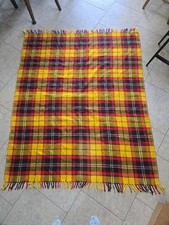 Vintage Faribo Fluff Loomed Wool Plaid Throw Blanket Gold Brown Red Fringe 55"