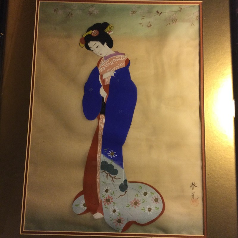 Japanese Gouache Painting On Silk, Noh Dance Prelude, By Uemura Shoen, VG