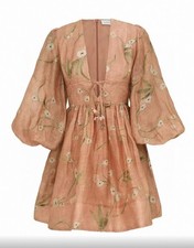 Zimmermann Spring Summer New Hand-Painted Print Puff Sleeve Belted Mini Dress