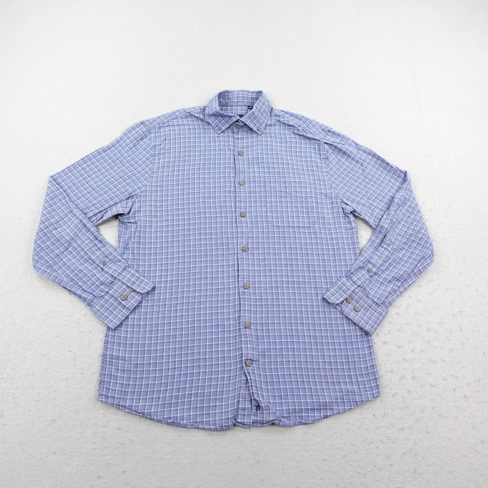 Johnnie O Shirt Mens Medium Blue White Plaid Flannel Button Up Top Shelf Outdoor
