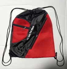 Drawstring Bag "We Are The Rock" Red Mesh Panels And Zippered Pocket