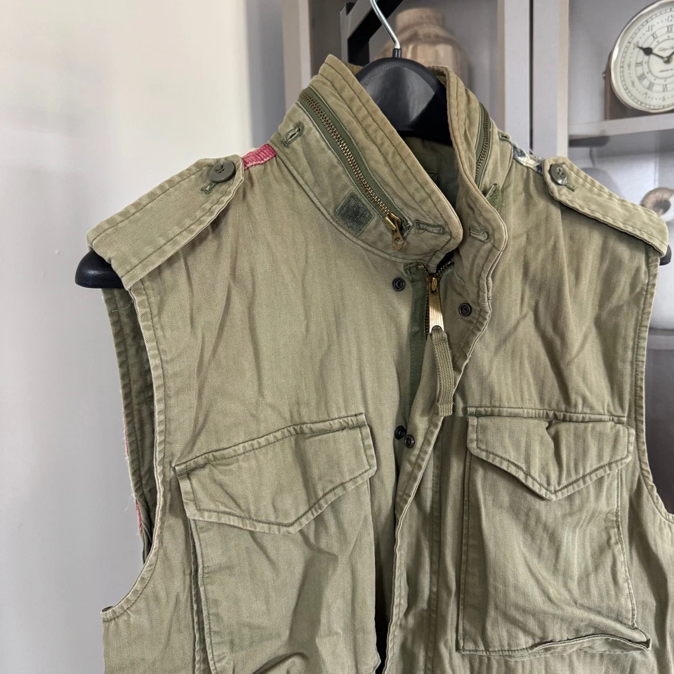 Denim & Supply Ralph Lauren Military Green Utility USA Flag Vest M Distressed - Image 3 of 4