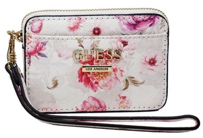 GUESS Women's Card Case Logo Embossed White Pink Floral Small Wristlet Wallet