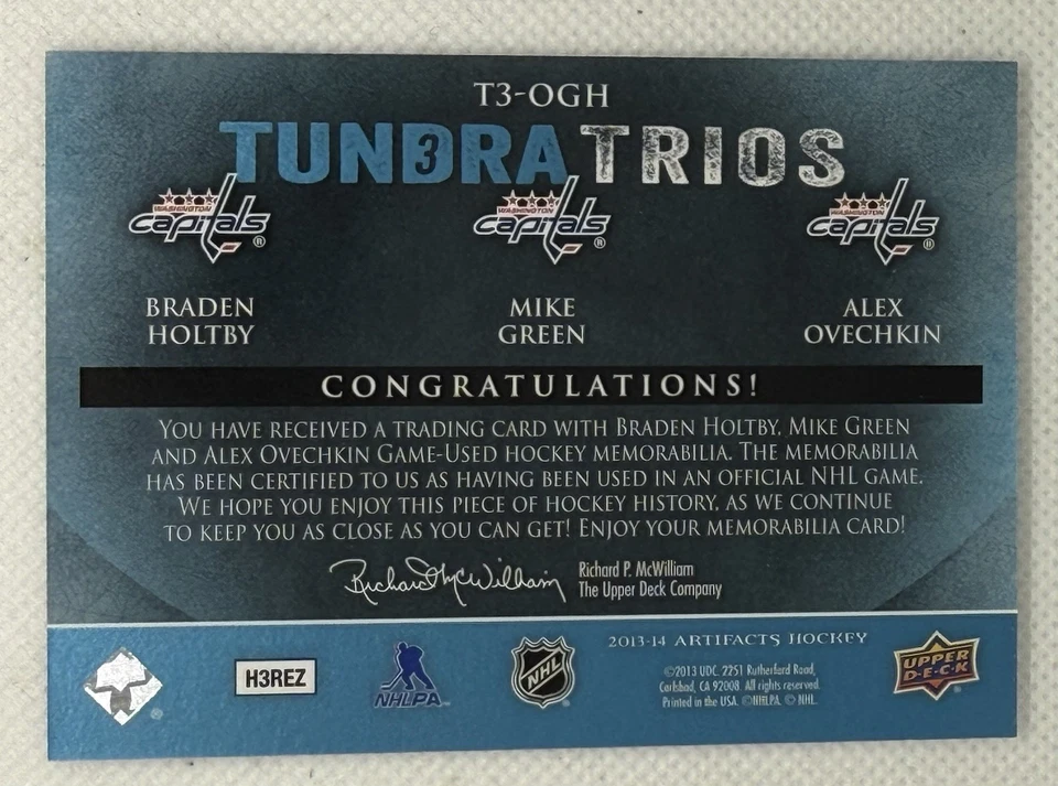 2013-14 Upper Deck Artifacts Holtby Green Ovechkin T3-OGH Tundra Trios 3 - Image 2 of 2