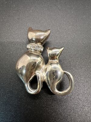 SIGNED AAi 2 CATS SILVER PIN Brooch WITH RHINESTONE COLLAR