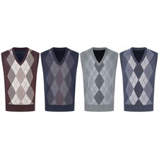 Mens Vest Party Sweater Argyle Fleece Lined Tops Warm Jumper Contrast Color