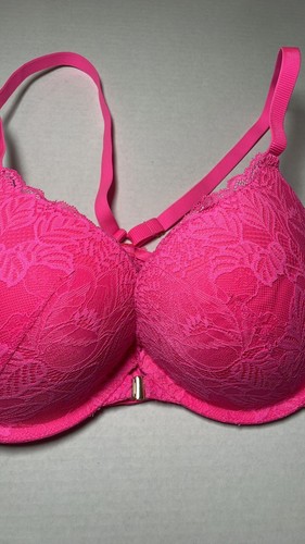 Women Hot Pink Lace Bra 34DD Front Closure Racerback Push-Up Demi Underwire