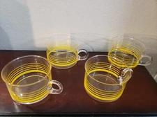 Vintage Set of 4 Yellow Striped Glass Juice Mugs - 2.5" high by 4" wide