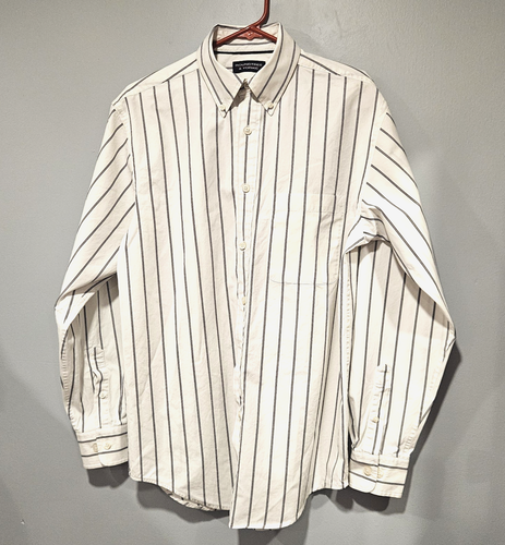 Roundtree & Yorke Men’s S Cream w/Black Stripe 100% Cotton Button-Down Collar - Picture 2 of 5