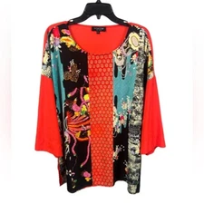 Citron Women's Lagenlook Multiprint Red Drop Sleeve Boho Blouse- Size 2X