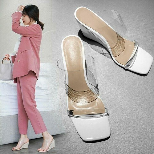 Womens Wedge High Heel Slippers Clear PVC Open Toe Slip On Party Slides Shoes SZ - Picture 5 of 15